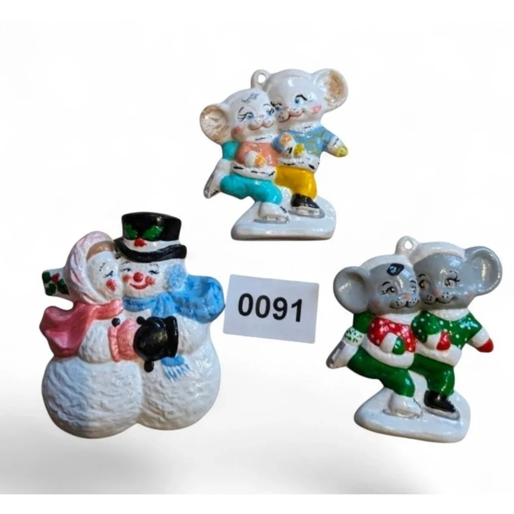 Christmas Ceramic Ornaments Mice‎ Snowman Snowlady lot of three 091